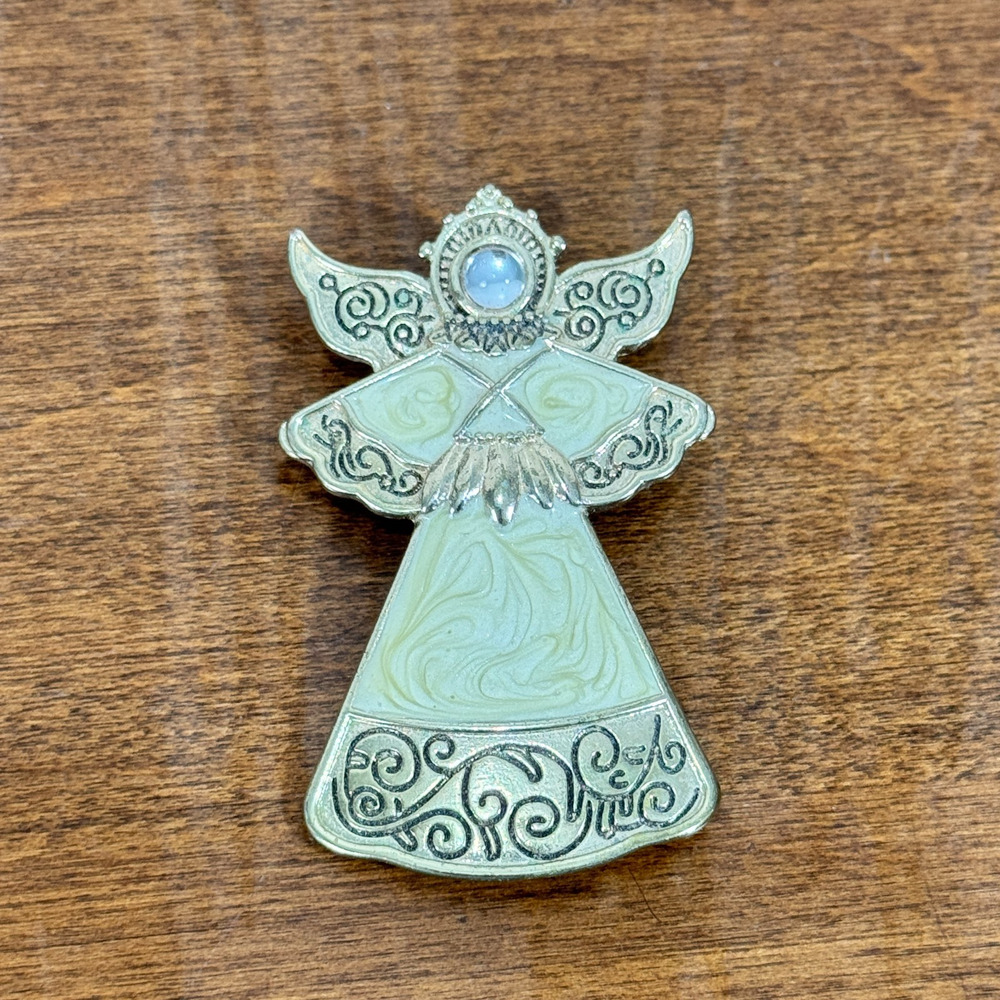 Vintage Angel Brooch Pin Gold Tone Enamel 2.25” Signed KC Kenneth Cole